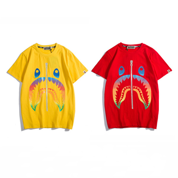 Bape Designer T Shirt Mens Women High Quality Short Sleeves Red Yellow Mens Gradient Color shark Tees Size M-2XL