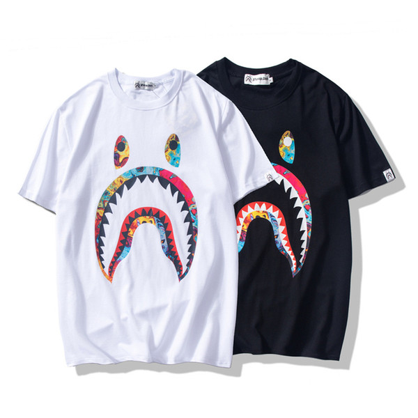 Bape New Fashion Mens Designer T Shirt Mens Casual Short Sleeves Luxury Summer Couples High Quality Shark Print Cotton Tees M-2XL