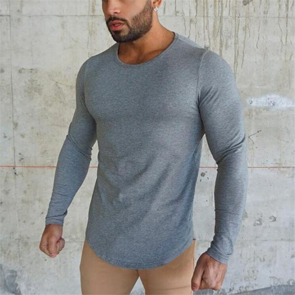 New Autumn Fashion Style Fitness Long Sleeve T-shirt Men's Cotton Elastic Slim Fit Pullover Running Tshirt Gym Bodybuilding Clothing