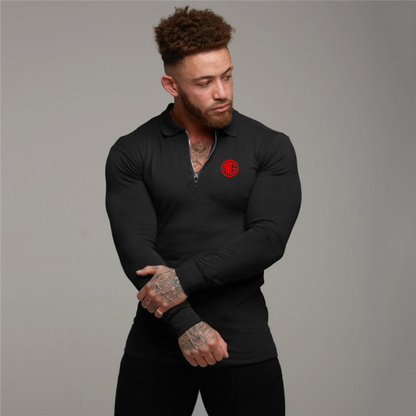 Muscleguys Brand Polo Shirt Men Spring Autumn Mens Long Sleeve Gym Slim Fit Turn Collar Zipper Fitness Poloshirt Men Sports Polos Jersey