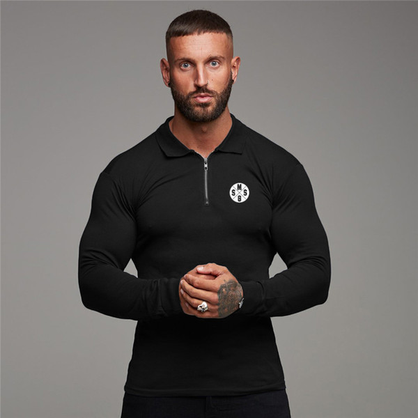 Muscleguys Polo Shirt Mens Long Sleeve Zipper Turn Over Collar Slim Fit Cotton Breathable Gym Clothing Bodybuilding Fitness Poloshirt