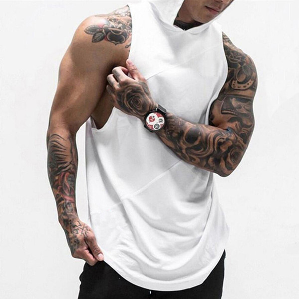 Gym Clothing Fitness Men Tank Top with hooded Mens Bodybuilding Stringer Tank Tops Workout Singlet Cotton Patchwork Mesh Sleeveless T Shirt