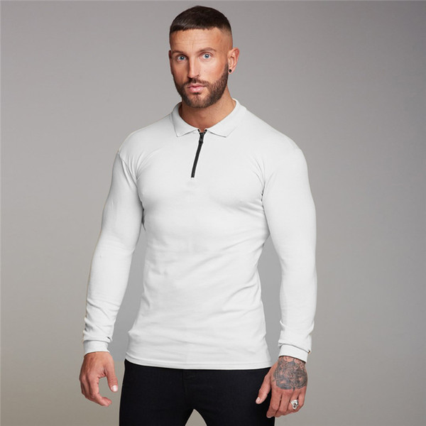 Brand Plain Clothing Polo Shirt Men Long Sleeve Polos T shirt Zipper Turn Collar Fashion Cotton Slim Fit Gym Fitness Poloshirt