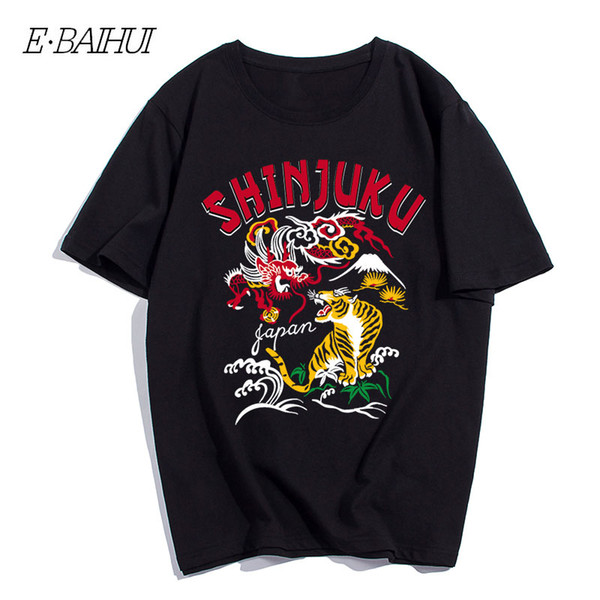 E-BAIHUI Brand New American Shinjun Drgon Tiger Flower Print T-shirt Tops Fashion Cotton Floral Men Youth T-shirt T-122