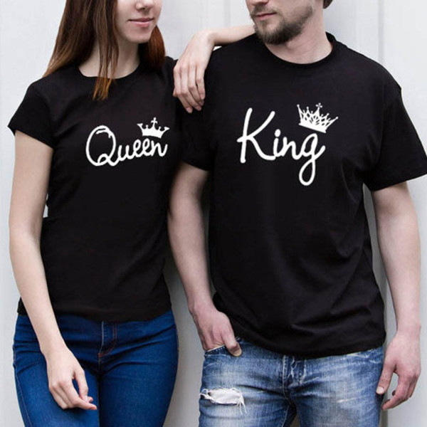 E-BAIHUI Lovers Tee Shirt Women Men Summer T-shirt King Queen Diadem Crown Printing Couple Clothes O-neck Casual Cotton Tee Tops CG015