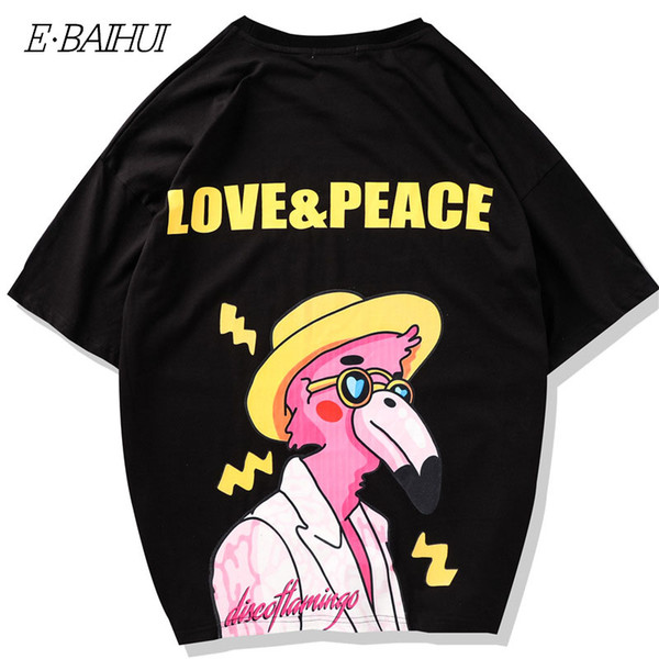 E-BAIHUI 2019 Men Summer T-shirt Streetwear Hip Hop Short Sleeve Harajuku Cotton Loose O Neck Flamingos Print T-shirts Men S9004