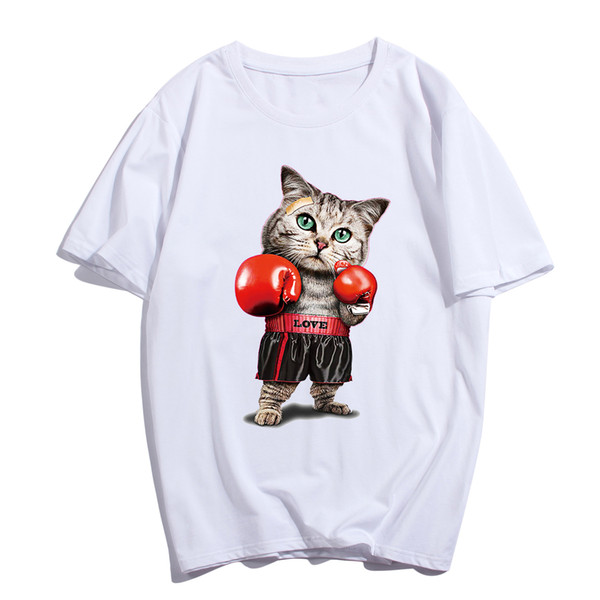 E-BAIHUI Men's O Neck Cotton Short Sleeve Lovely Boxinger Cat T-shirts Funny CAT Animal Men's Customized T Shirts Birthday Gift