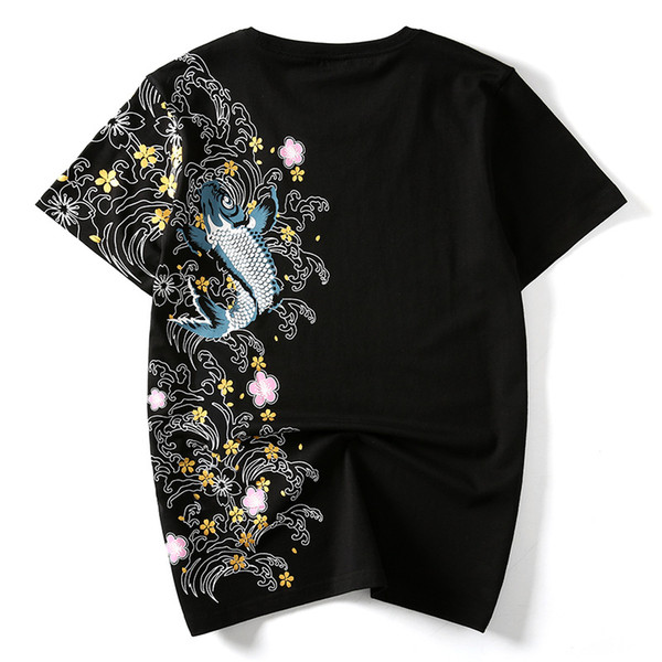E-BAIHUI Tshirt Hot Sale T Shirt Men Quality Goods Embroidery With Short Carp Tattoo Short-sleeved O-neck Cotton Casual 2019 New ArrivalL655