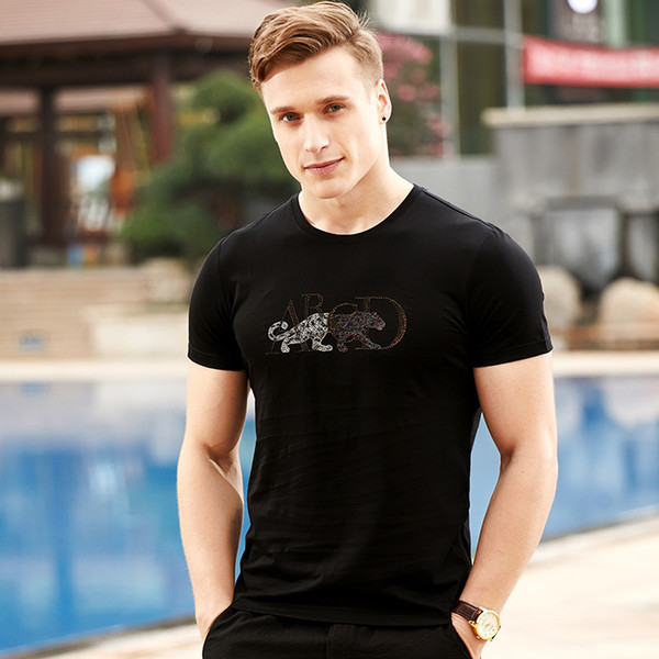 E-BAIHUI Men's 2019 Summer T-shirt New Men's Short Sleeve T-Shirts Men's Korean Sequin Embroidered Tiger Slim Silk Cotton Short T-Shirt L432