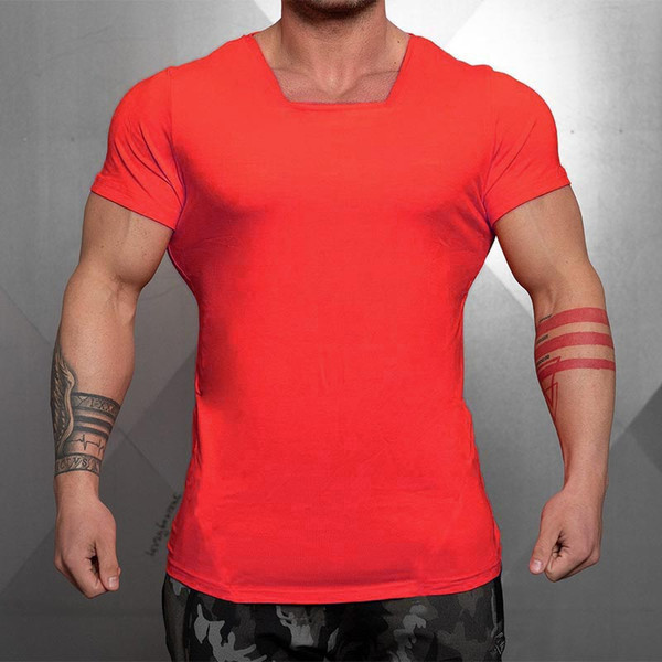 New Summer Men Short Sleeve Cotton t-shirt Fashion Gym Clothing Fitness Bodybuilding T shirt Male Square collar Slim Compression Tees Tops