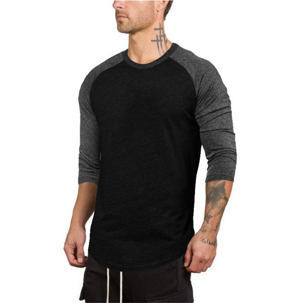 Plain Bodybuilding 3/4 sleeve T-shirt Men Brand Gym Clothing Sports Patchwork Raglan T shirt Male tops stretch Cotton o neck Running Tshirt