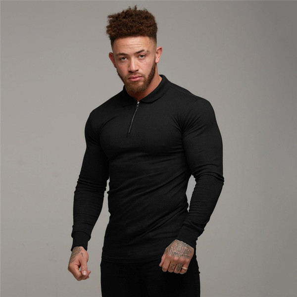 Polo Shirt Solid Color Zipper Long Sleeve T-shirt Casual Men Fashion Slim Fit Fitness Bodybuilding Mens Polo Shirt Autumn Cotton polosshirt