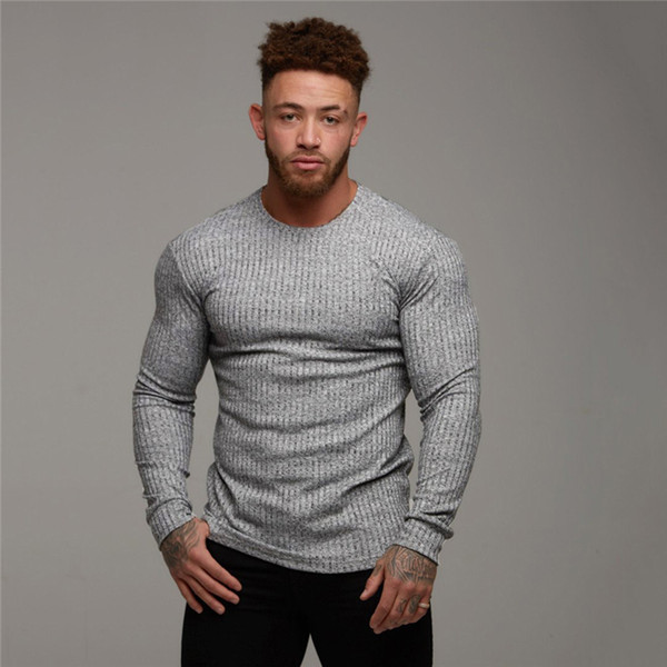 Autumn Fashion Knitted T-shirt Men Fitness Long Sleeve Pullovers Outwear Man O-Neck Sweaters Tops Solid Slim Fit Knitting Gym Clothing