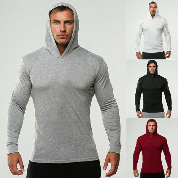 Mens Bodybuilding Hoodies Men Gyms Hooded Long Sleeve T shirt Fitness Clothing Muscle Slim Solid Cotton Pullover Sweatshirt