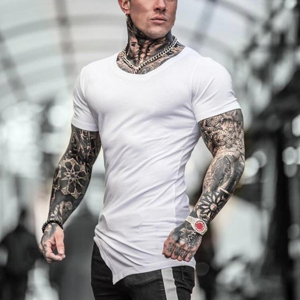 Brand Summer Fitness Men Cotton Short Sleeve t-shirt Oblique V Neck Gym Clothing Bodybuilding T shirt Male Slim Tight Compression Tees Tops