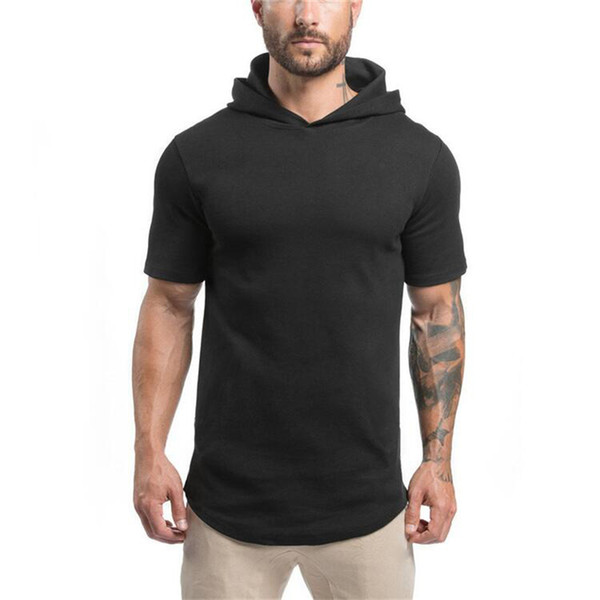 Mens Bodybuilding Hoodies Men Gyms Hooded Short Sleeve T shirt Fitness Clothing Muscle Slim Solid Cotton Pullover Sweatshirt