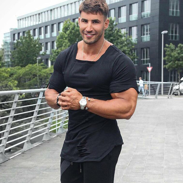 Brand Summer New Fashion Solid T Shirt Mens Hip Hop Extend T Shirt Men Ripped Destroy Hole Cotton Bodybuilding Fitness T shirt Homme