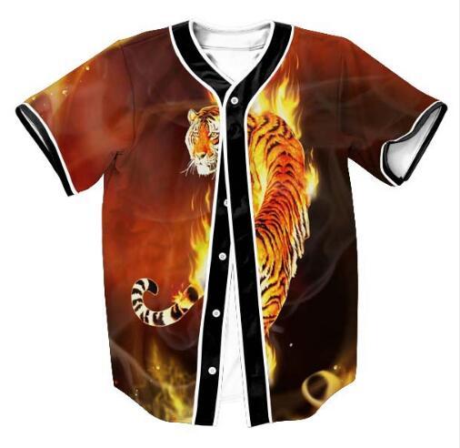 Summer Short Sleeve Clothing 3D Print Fire Tiger Graphic Beseball Jersey T Shirt Design Fashion Men/Women Button Cardigan Tops