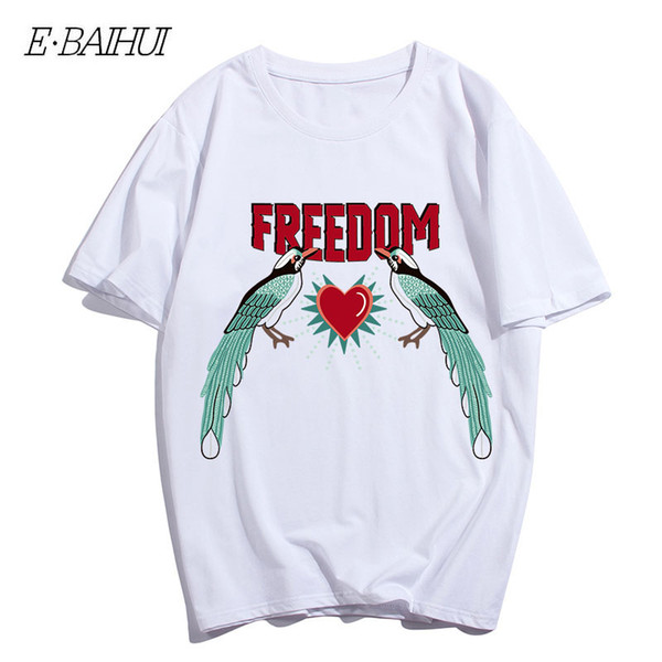 E-BAIHUI Top Quality Cotton Men Short Sleeve FREEDOM Couple Bird Print Casual Street Style Cool Men Top Tee T-shirt T-148