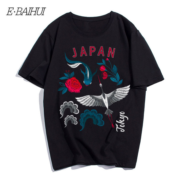 E-BAIHUI New Arrival Summer Fashion Short Sleeve Cloud and White Crane Print Pattern Loose T-shirt Sport Casual Clothing Men T-shirt T-166