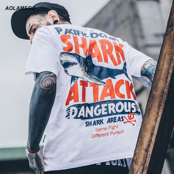 E-BAIHUI 2019 T-shirt Men Dangerous Big Shark Printed Short Sleeve Tee shirt Fashion Street Hip Hop Creative Tops Couples T shirts T016#