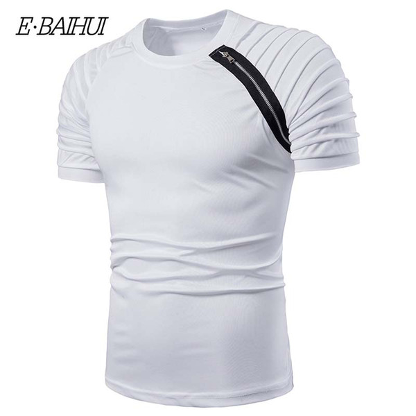 E-BAIHUI Summer Casual T Shirt Men Fashion Streetwear Tshrit Striped Folding Sleeve Solid Fitness Top Slim Fit Casual T-shirt 1502