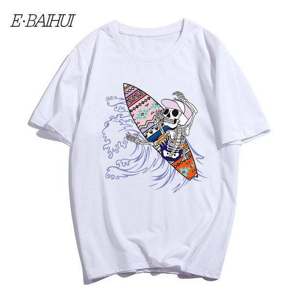 E-BAIHUI New 2019 Summer Style Cotton Men's T-shirt Skull Sailboat Print Mens Short Sleeve Cool Fashion Men Youth T-shirt T-152