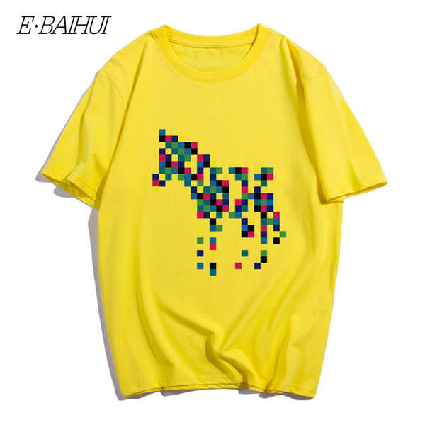 E-BAIHUI Men Cotton Crew-neck Short Sleeve T-shirt Summer Mens Mosaic Print T-shirt Streetwear Clothing Casual Youth Short Sleeve T-101