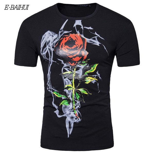 E-BAIHUI Men Skeleton T-Shirt Garden Rose Print Men Summer Slim Stretch Vintage Top Creative Pattern Men Short Sleeve YT057