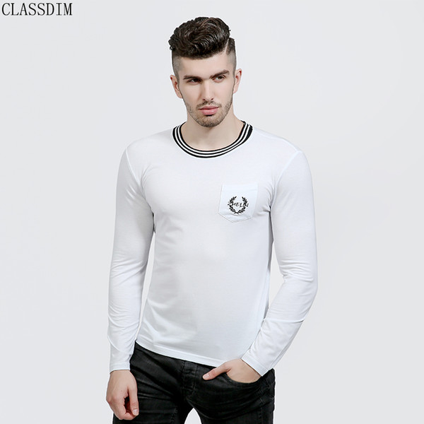 Men Color Stitching Round Neck T-shirt Men's Solid Color Long-sleeved Embroidered T-shirt Black and white color Size S-2XL