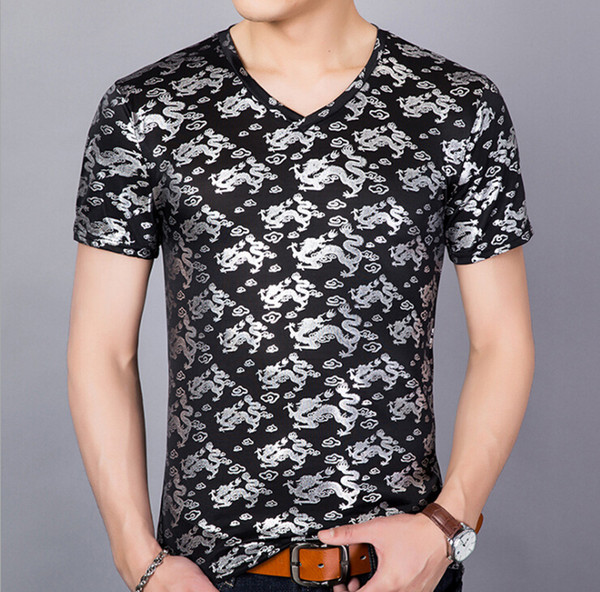 Dragon Print Male T-shirt Crew Neck Slim T-shirt Black Summer Breathable Tops Men Clothing