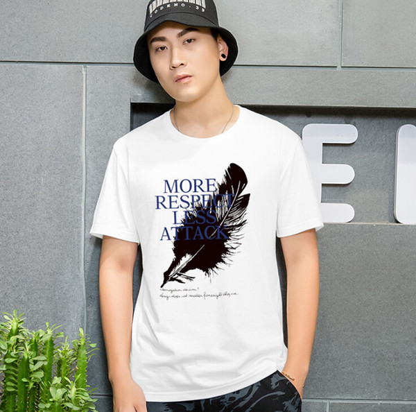 Male Cotton Slim T-shirt Feather And Letter Print Summer Casual Tops 6 Colors Plus Size S-7XL