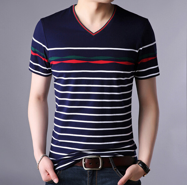 Male V-Neck Stripe Tops White Slim Casual Tee Design New Men Clothing Tee 3 Colors