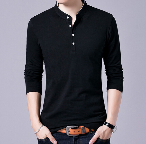 T-Shirt Men Spring Autumn New Cotton T Shirt Men Solid Color Mandarin Collar Long Sleeve Top Tee