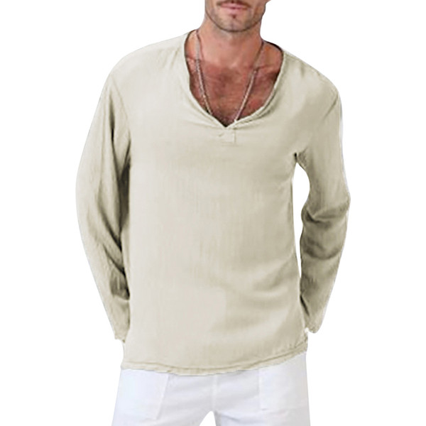 Man T-shirts V-Neck Men Clothing Solid Color Linen Cotton Mens Short Sleeve Tops Plus S-4XL