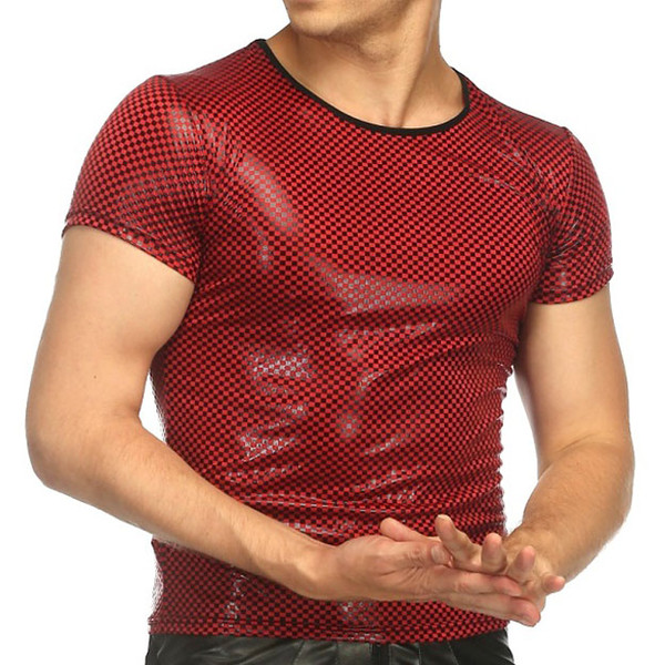 Sexy T Shirts For Men Patent Leather Fitness Slim Tops Gay T-shirt Tees Male Stage T-shirt O-Neck Sexy Men Club Clothes