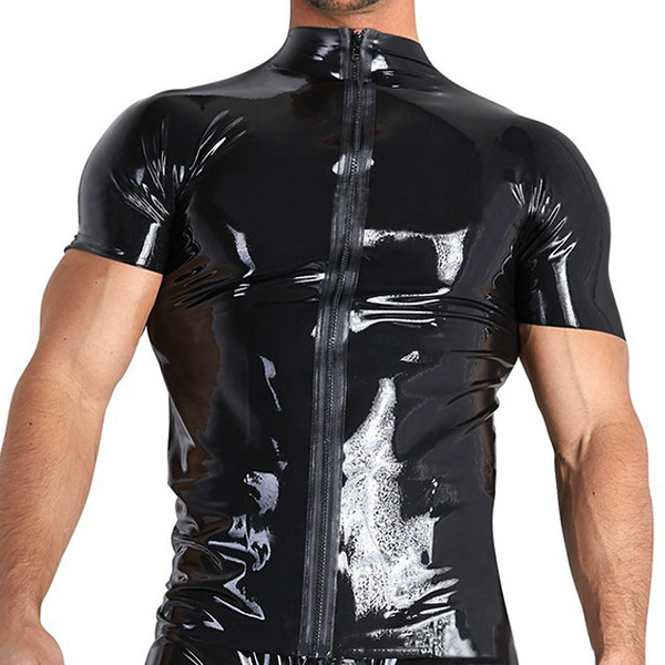 Black Sexy Slim Mens Patent Leather Short Sleeve Zipper Open T-shirt Nightclub Style Metallic Shiny Hip Hop Male T shirts