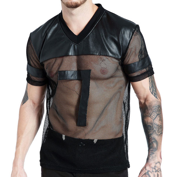 Mens T shirt Faux Leather Mesh Stitching Breathable Transparent Mens Muscle Shirt Slim fit T-shirts Underwear Sexy Tee Shirts