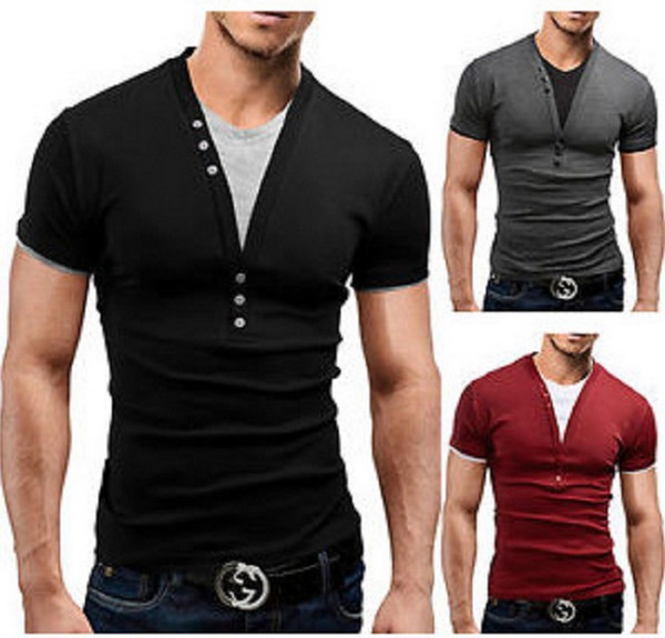 2015 Summer New M-2XL Men's Clothes Man Short Sleeves Casual T-shirt V-Neck False Two Pieces Slim Fashion Cotton Tees Top