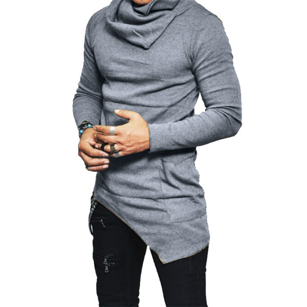 Men Longline T Shirt Designer Heaps Collar Long Sleeve Hip Hop Solid T Shirts Men's Irregular Tops tee