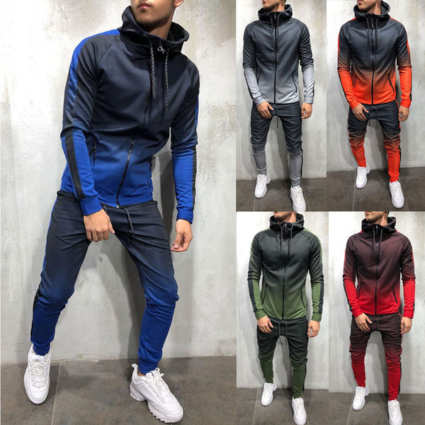 Mens Tracksuit Set Gradient Zip Up Hoodie Top Bottoms Jogging Joggers Gym Sweats Slim Fit