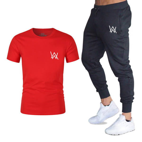 Print T-shirt men's suit + pants two-piece casual sportswear men 2019 casual T-shirt gym fitness trousers male