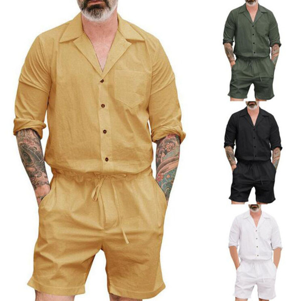 Summer Men Set Button Rompers Jumpsuit Fashion Sumple Funny Streetwear Vintage Casual Summer Men Set Plus Size 4XL