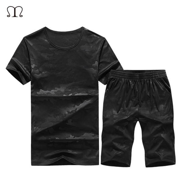 Tracksuit Men Sets Summer Casual Mens Sportswear Black Solid Suits Short Brand Clothes 2PCS Top Tee Shirt+Shorts Suits Quick Dry