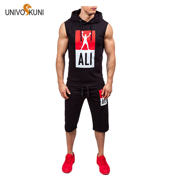 UNIVOS KUNI 2018 New Summer Casual Sportswear Slim Fit Male Men's Sportswear Set Fashion Hooded Lettering Set H15