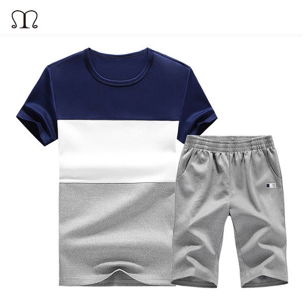 Summer Tracksuit Men Short Sleeve Patchwork Sportswear Casual Suit Men Clothing 2 Piece Shorts Set Tshirt +Shorts Sporting Suit