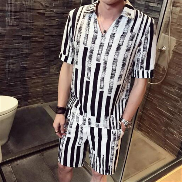 2018 stripe shirt men ensemble homme survetement homme 2 piece pullover shirt + shorts causal beach set