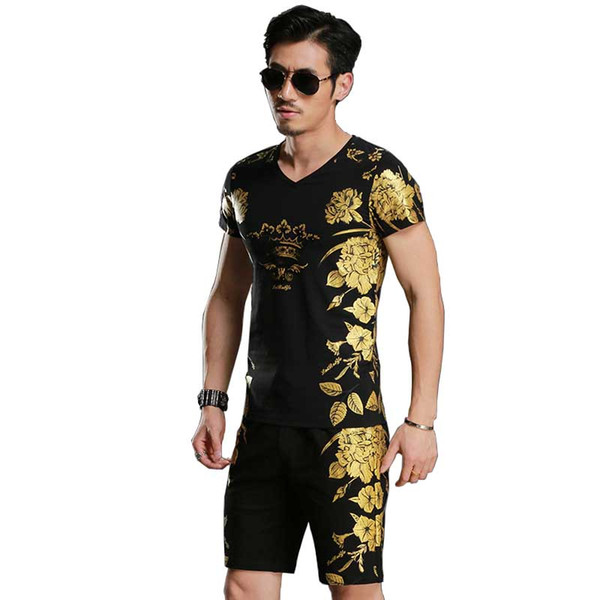 Summer Short Sets Tshirt with Short 2PCS Set Floral Printed Tracksuit Men Casual T Shirt SLeeve Sweat Suits Male Clothing