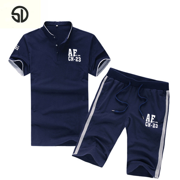 Casual Suit Men Summer Sets Tracksuits Brand Clothing Stand Collars Streetwar Tops Tees+Shorts Fashion Mens Set Camisetas Hombre