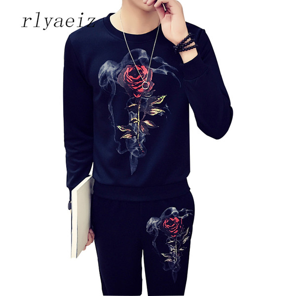 Rlyaeiz New 2017 Autumn Casual Men Sportswear 2 Piece Sets Rose Printed Men's Sporting Suits O-neck Hoodies + Pants Tracksuits